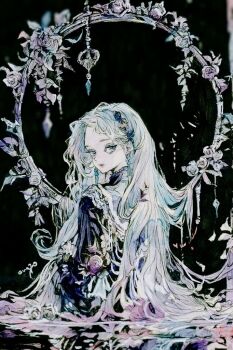 1girl 7na5go black_background black_dress blurry commentary_request dress earrings flower forehead hairband jewelry lace lineart long_hair original partially_submerged solo very_long_hair water wavy_hair white_hair