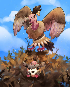 animal_focus artist_name bird bird_nest blue_sky bone bright_pupils closed_mouth cloud commentary day english_commentary evolutionary_line full_body gen_5_pokemon imazartz mandibuzz nintendo no_humans open_mouth outdoors pokemon pokemon_(creature) pokemon_focus red_eyes sky smile vullaby white_pupils