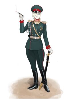 1girl aiguillette badge black_boots blue_eyes boots breasts buttons cigarette cigarette_holder cockade cuffs double-breasted double-headed_eagle ears_visible_through_hair epaulettes full_body gloves gold_buttons gorget green_jacket green_pants hair_over_one_eye hat high_collar highres holding holding_sword holding_weapon holster imperial_russian_army insignia jacket katyusha_(98269886) lanyard looking_at_viewer medal medium_breasts military military_jacket military_uniform mole mole_under_eye original pale_skin pants peaked_cap red_trim russia russian_empire saber_(weapon) sash scabbard sheath sheathed short_hair simple_background smile smoke smoking soldier solo standing sword waist_sash wavy_hair weapon white_background white_gloves world_war_i