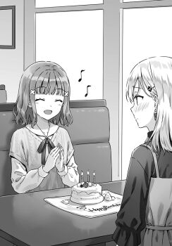 2girls ayase_saki blush cake closed_eyes commentary_request diner facing_another food gimai_seikatsu greyscale hair_ornament hairclip happy_birthday hiten_(hitenkei) layered_shirt layered_sleeves long_hair long_sleeves looking_at_another medium_hair monochrome multiple_girls music musical_note narasaka_maaya neck_ribbon novel_illustration official_art open_mouth own_hands_together ribbon second-party_source short_over_long_sleeves short_sleeves singing sitting smile x_hair_ornament