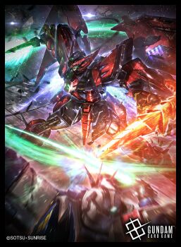 absurdres asteroid battle commentary_request company_name copyright_logo debris energy_sword exhaust flying glowing glowing_eye green_eyes gundam gundam_card_game gundam_epyon gundam_wing highres holding holding_sword holding_weapon logo mecha mecha_focus mechanical_wings mobile_suit motion_blur no_humans official_art raruru robot science_fiction solo_focus space sparks sunrise_(company) sword v-fin weapon whip_sword wing_gundam_zero wings