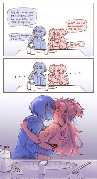 ... 2girls blush brushing_teeth commentary commission emotsper english_commentary english_text faucet french_kiss hand_on_another&#039;s_neck hand_on_another&#039;s_waist highres hood hoodie kiritani_haruka kiss limited_palette long_hair momoi_airi multiple_girls project_sekai second-party_source shirt short_hair sink speech_bubble sweat toothbrush two_side_up yuri