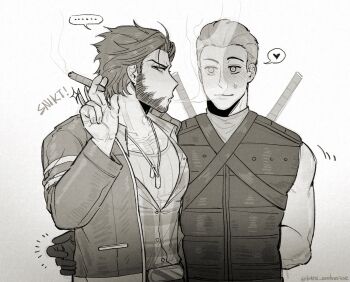 ... 2boys animification belt blush chest_hair cigar claw_(weapon) closed_mouth deadpool dog_tags facial_hair full-face_blush gloves hand_on_another's_waist hashtag-only_commentary heart highres holding holding_cigar jacket k4nc_wolverine large_pectorals light_smile long_sleeves looking_at_another male_focus marvel monochrome multiple_boys muscular muscular_male pectorals shirt short_hair sleeveless smoke smoking spoken_ellipsis spoken_heart sweatdrop sword sword_on_back twitter_username weapon weapon_on_back wolverine_(x-men) x-men x-men_film_series x-men_origins:_wolverine yaoi
