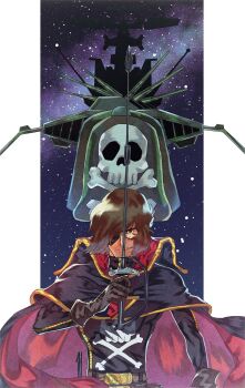 1boy arcadia arm_at_side belt belt_buckle black_cape black_jacket brown_belt brown_eyes brown_gloves brown_hair buckle cannon cape closed_mouth commentary energy_cannon eyepatch gloves hand_up harlock harlock_saga high_collar highres holding holding_sword holding_weapon jacket looking_at_viewer male_focus military_vehicle one_eye_covered pillarboxed pirate pirate_ship red_cape scar scar_on_face science_fiction short_hair skull_and_crossbones slllle1 smile solo space spacecraft split_mouth star_(sky) straight-on sword two-sided_cape two-sided_fabric two-tone_cape uchuu_kaizoku_captain_harlock upper_body weapon