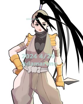 1girl black_eyes black_hair breasts cleavage clothing_cutout daimaru_(s29y2c) dated fingerless_gloves gloves hand_on_own_hip headscarf high_ponytail highres hip_vent holding holding_knife ibuki_(street_fighter) knife kunai long_hair looking_at_viewer ninja ponytail simple_background solo street_fighter turtleneck watermark weapon white_background yellow_gloves