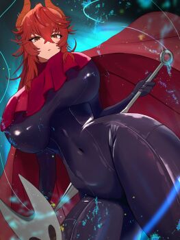 1girl arata_(artist) black_bodysuit bodysuit breasts cape cloak cosplay curvy dragon_girl dragon_horns highres holding holding_weapon hollow_knight hollow_knight:_silksong hornet_(hollow_knight) hornet_(hollow_knight)_(cosplay) horns large_breasts long_hair looking_at_viewer mask needle_(hollow_knight) red_cloak red_hair thick_thighs thighs virtual_youtuber vshojo weapon yellow_eyes zentreya