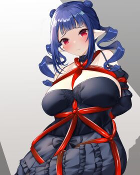 1girl blue_eyes breasts commission dizzy_dokuro drill_hair large_breasts pharetra_third phase_connect pointing red_hair second-party_source shibari skeb_commission twin_drills virtual_youtuber