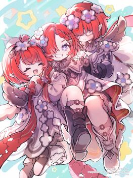 3girls :d ^_^ absurdres arm_up armlet artist_name asymmetrical_footwear black_boots black_gloves black_hairband blindfold blush boots bow braid braided_bangs brown_gloves brown_shorts closed_eyes closed_mouth commentary covered_eyes cross-shaped_pupils detached_collar detached_sleeves dress envelope eyelashes flower flower_hairband frilled_sleeves frills gloves grin hair_flower hair_intakes hair_ornament hair_over_one_eye hairband highres honkai:_star_rail honkai_(series) jewelry light_particles long_sleeves looking_at_viewer mismatched_footwear multiple_girls one_eye_covered open_mouth parted_bangs pointy_ears poponnu puffy_detached_sleeves puffy_sleeves purple_eyes red_bow red_hair short_hair shorts single_braid smile star_(symbol) symbol-only_commentary symbol-shaped_pupils teeth trianne_(honkai:_star_rail) tribbie_(honkai:_star_rail) trinnon_(honkai:_star_rail) twitter_username v watermark white_boots white_dress white_flower winged_boots wings