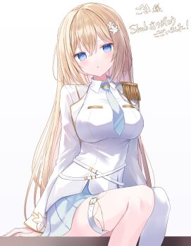 1girl absurdres blonde_hair blue_eyes blue_necktie breasts collared_shirt commentary_request commission flower gold_trim hair_flower hair_ornament highres indie_virtual_youtuber jacket karakuri_emily large_breasts long_hair long_sleeves looking_at_viewer necktie open_clothes open_jacket second-party_source shikuro_(iorimiyakiyo) shirt simple_background sitting skeb_commission solo thigh_strap virtual_youtuber white_background white_flower white_jacket white_shirt