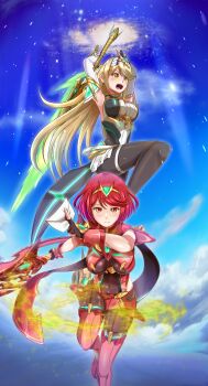 2girls absurdres aegis_sword_(xenoblade) backless_outfit bare_shoulders black_thighhighs blonde_hair breasts cloud core_crystal_(xenoblade) covered_navel dress earrings fingerless_gloves floating_earrings front-seamed_legwear gloves highres impossible_clothes jewelry large_breasts long_hair looking_at_viewer microdress multiple_girls mythra_(massive_melee)_(xenoblade) mythra_(xenoblade) nintendo open_mouth pantyhose pantyhose_under_shorts pyra_(xenoblade) red_eyes red_hair red_shorts samu_poteto seamed_legwear short_hair short_shorts shorts skindentation sky smash_invitation super_smash_bros. swept_bangs thighhighs thighhighs_over_pantyhose tiara very_long_hair weapon white_dress white_gloves xenoblade_chronicles_(series) xenoblade_chronicles_2 yellow_eyes