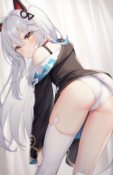 Rule 34 | 1girl, absurdres, animal ears, ass, black jacket, blue streaks, blush, bra strap, cat ears, cat tail, chaoji da yuwan, chinese commentary, choker, circle hair ornament, commentary, double-parted bangs, feet out of frame, from behind, hair between eyes, hair ornament, hand on own leg, highres, jacket, leaning forward, long hair, long sleeves, looking at viewer, looking back, multicolored hair, original, panties, parted lips, red choker, sidelocks, single bare shoulder, single off shoulder, single thighhigh, solo, streaked hair, tail, thighhighs, triangle hair ornament, turning head, underwear, very long hair, white hair, white panties, white thighhighs, yellow eyes