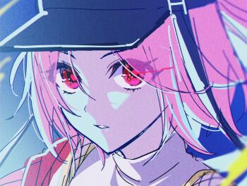 1girl baseball_cap black_hat close-up eyes_visible_through_hair hat highres honkai:_star_rail honkai_(series) long_hair looking_at_viewer multicolored_hair oyasuuu_m parted_lips pink_hair ponytail rappa_(honkai:_star_rail) red_eyes shirt sidelocks solo streaked_hair white_shirt