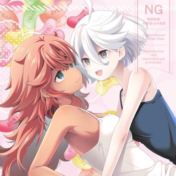 2girls bare_arms black_camisole blue_eyes camisole closed_mouth commentary_request dark-skinned_female dark_skin grey_eyes gundam gundam_suisei_no_majo heart highres kuma_x_kuma long_hair miorine_rembran multiple_girls open_mouth red_hair short_hair smile suletta_mercury watermark white_camisole white_hair yuri