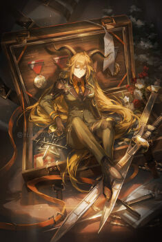 1girl animal_ears arknights black_necktie blonde_hair brown_gloves brown_horns buttons collared_shirt commentary curled_horns degenbrecher_(arknights) english_commentary english_text flower full_body glint gloves gold gold_medal green_jacket green_pants hair_between_eyes helen_zzhao highres horns jacket lapels light_particles long_hair long_sleeves looking_at_viewer medal military_jacket mini_person minigirl necktie pants red_flower shirt shoulder_guard sitting solo suitcase twitter_username very_long_hair watermark weapon white_flower yellow_eyes yellow_shirt