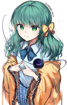 1girl absurdres alternate_costume artist_name blue_bow blue_bowtie blue_skirt bow bowtie closed_mouth collared_shirt commentary dated eyeball green_eyes green_hair hair_bow highres index_fingers_together jacket komeiji_koishi looking_at_viewer open_clothes open_jacket plaid_clothes plaid_skirt school_uniform shirt skirt smile solo third_eye touhou white_shirt yellow_bow yellow_jacket yolandabaka
