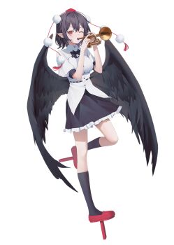 Rule 34 | 1girl, artist request, bird wings, black bow, black bowtie, black socks, black wings, bow, bowtie, brown hair, feathered wings, frilled skirt, frills, full body, geta, hat, kneehighs, one eye closed, pointy ears, pom pom (clothes), puffy short sleeves, puffy sleeves, red eyes, red hat, red shoes, second-party source, shameimaru aya, shirt, shoes, short sleeves, skirt, socks, solo, tengu-geta, tokin hat, touhou, transparent background, white shirt, wings