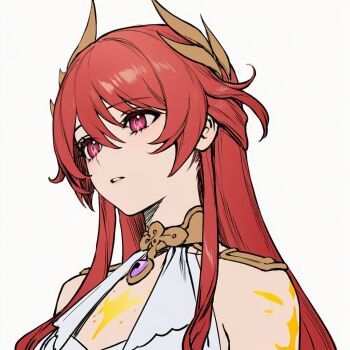 1girl bare_shoulders breasts dress genshin_impact hashtag-only_commentary jewelry long_hair open_mouth red_eyes red_hair solo sonnet_(genshin_impact) upper_body white_dress whitia100