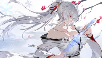 1girl baige0 breasts cleavage closed_mouth commentary_request fingernails hiyuki_(wuthering_waves) holding holding_sword holding_weapon jewelry katana large_breasts long_hair long_sleeves md5_mismatch mole mole_on_shoulder nail_polish necklace off_shoulder partial_commentary ponytail profile red_eyes red_nails solo sword upper_body weapon white_hair wuthering_waves