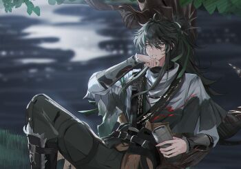 1boy absurdres arm_armor black_hair black_pants blind blurry blurry_background chromatic_aberration cloak commentary flask grey_eyes hair_between_eyes highres holding holding_flask knee_up long_hair male_focus outdoors pants parted_lips ponytail qiuyuan_(wuthering_waves) rin0_(gujrv) sitting solo white_cloak wiping_mouth wuthering_waves