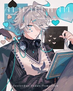 2boys alhaitham_(genshin_impact) antenna_hair appleboneeee artist_name black_gloves black_sweater book cable character_name chinese_commentary commentary_request ear_piercing earrings english_text eyes_visible_through_hair facial_mark fingerless_gloves genshin_impact glint gloves green_eyes green_hair grey_hair grey_jacket grey_pants hair_ornament hair_over_one_eye hairclip hand_up headphones headphones_around_neck heart heart_facial_mark highres jacket jacket_on_shoulders jewelry kaveh_(genshin_impact) long_sleeves looking_at_viewer male_focus multicolored_hair multiple_boys necklace open_book pants parted_bangs parted_lips piercing ribbed_sweater short_hair solo_focus sweater sweater_vest swept_bangs turtleneck turtleneck_sweater twitter_username white_background white_sweater_vest