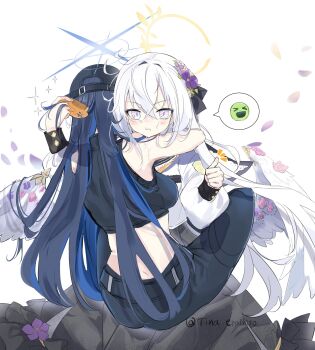 >_< 2girls :d :t absurdres artist_name azusa_(blue_archive) baseball_cap black_hat black_pants black_shirt black_skirt blue_archive blue_hair blue_halo blush candy_moon777 clenched_hand colored_inner_hair comb commentary_request cropped_shirt crying crying_with_eyes_open emoji feathered_wings frilled_skirt frills hair_ornament halo hat highres holding holding_comb hug long_skirt low multicolored_hair multiple_girls open_mouth pants petals saori_(blue_archive) shirt skirt sleeveless sleeveless_shirt smile sparkle speech_bubble spoken_expression tears thumbs_up white_hair white_shirt white_wings wing_ornament wings yellow_halo