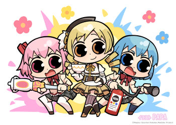 3girls artist_name black_gloves black_skirt blonde_hair blue_eyes blue_hair boots brown_boots brown_eyes brown_hat brown_shoes brown_thighhighs chibi chibi_only closed_mouth commentary_request copyright_notice cup detached_sleeves fingerless_gloves full_body gloves hair_ribbon hat highres holding holding_cup holding_fire_extinguisher holding_plate juliet_sleeves kaname_madoka long_hair long_sleeves magical_girl mahou_shoujo_madoka_magica mahou_shoujo_madoka_magica_(anime) miki_sayaka mitakihara_school_uniform multiple_girls neck_ribbon official_art open_mouth papa_(shimeguru) pink_eyes pink_hair plate pleated_skirt puffy_sleeves red_ribbon ribbon school_uniform second-party_source shirt shoes short_hair short_sleeves short_twintails skirt smile standing striped_clothes striped_thighhighs teacup thick_eyebrows thighhighs tomoe_mami tomoe_mami_(magical_girl) twintails v-shaped_eyebrows vertical-striped_clothes vertical-striped_thighhighs white_shirt white_sleeves white_thighhighs yellow_ribbon yellow_shirt zettai_ryouiki