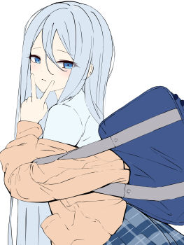Rule 34 | absurdres, bag, blue bag, blue eyes, blue skirt, brown jacket, closed mouth, commentary request, hair between eyes, highres, jacket, light blush, long hair, looking at viewer, maou1561, off-shoulder jacket, off shoulder, project sekai, school uniform, serafuku, shoulder bag, skirt, very long hair, white background, white hair, white serafuku, yoisaki kanade