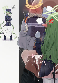 1boy 3girls anger_vein aoba_(blue_archive) black_jacket black_shorts black_skirt black_tail blue_archive blush bottomless censored clothed_sex clothes_grab clothes_pull cum cum_in_pussy cum_overflow doodle_sensei_(blue_archive) ear_blush erection ffm_threesome gloves grabbing_another's_ass green_hair green_halo groping group_sex halo hetero highres hikari_(blue_archive) jacket jacket_grab lifting_person loli long_hair long_sleeves mosaic_censoring multiple_girls nozomi_(blue_archive) pantyhose pantyhose_pull paper_on_head penis pointy_ears puff_of_air senapops sensei_(blue_archive) sex shorts skirt standing suspended_congress tail threesome twintails vaginal very_long_hair white_gloves white_pantyhose yellow_halo