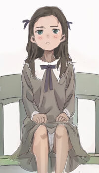 1girl :&lt; aonuma_neiru bare_legs bench blue_ribbon blush brown_hair collar dark-skinned_female dark_skin dot_nose dress feet_out_of_frame flat_chest green_eyes grey_dress hands_on_legs jitome legs_apart loli long_dress long_sleeves looking_at_viewer lowres medium_hair neck_ribbon panties pantyshot ribbon shirufue simple_background sitting sitting_on_object tareme underwear upskirt white_background white_collar white_panties wonder_egg_priority