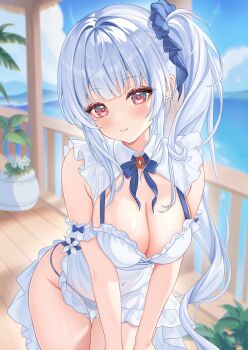 1girl absurdres armband artist_name bibixart blue_bow blue_gem blue_hair blue_panties blue_sky blunt_bangs blurry blurry_background blush bow breasts cleavage closed_mouth cloud collared_dress commentary covered_navel day depth_of_field dress dress_flower english_commentary flower freesia_(flower) freesia_(stella_sora) frilled_armband frilled_dress frills gem groin hair_intakes head_tilt highres large_breasts leaning_forward long_hair looking_at_viewer navel ocean one_side_up outdoors panties plant potted_plant railing red_eyes see-through_clothes see-through_dress sidelocks sky sleeveless sleeveless_dress smile solo standing star_(symbol) stella_sora string_panties thighs underwear v_arms very_long_hair water watermark white_dress wooden_floor wooden_railing