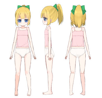 1girl android ass barefoot blonde_hair blue_eyes blush bow camisole capcom collarbone crotch_seam flat_chest from_behind from_side green_bow hair_bow high_ponytail loli long_hair looking_at_viewer mega_man_(classic) mega_man_(series) multiple_views panties pink_camisole ponytail robot roll_(mega_man) shooko sidelocks smile standing underwear white_background white_panties