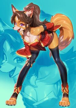 1girl animal_ear_fluff animal_ears animal_feet animal_nose bare_shoulders barefoot bent_over black_gloves black_thighhighs blue_background body_fur breasts brown_hair claws cleavage collarbone colored_tips commission detached_leggings detached_sleeves dress fang female_focus fingerless_gloves fox_ears fox_girl fox_tail furry furry_female gloves goatdraw gold_trim hair_tie hand_on_own_hip hand_on_own_knee hanging_breasts happy leaning_forward legs_apart long_hair long_legs long_sleeves looking_at_viewer medium_breasts multicolored_hair open_mouth orange_fur original pawpads purple_eyes red_dress shiny_skin short_dress sidelocks smile snout solo tail thighhighs toes tongue two-tone_fur white_fur white_hair wide_sleeves zoom_layer