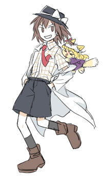 &gt;_&lt; 2girls :d animal_ears black_hat black_shorts black_socks blonde_hair boots bow brown_boots cat_ears cat_girl cat_tail closed_eyes coat collar dress frills grin hair_between_eyes hat hat_bow kemonomimi_mode long_hair maribel_hearn mob_cap multiple_girls necktie open_mouth purple_dress re_ghotion shirt short_hair shorts simple_background sleeve_cuffs smile socks tail touhou usami_renko walking whiskers white_background white_bow white_coat white_hat