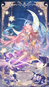 1girl absurdres armlet book chain colored_tips commentary_request crescent_moon cyrene_(demiurge)_(honkai:_star_rail) cyrene_(honkai:_star_rail) dress floating_hair flower full_body hair_flower hair_ornament high_heels highres honkai:_star_rail honkai_(series) hourglass jewelry laurels legs light_bulb long_hair moon multicolored_hair night picture_frame pillar pink_eyes pink_flower pink_hair rainbow_hair_ornament rose sand shiling sitting sky smile solo sparkle star_(sky) star_(symbol) starry_sky very_long_hair waist_cape white_dress