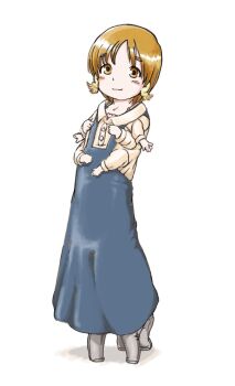 1girl arthropod_girl blue_dress brown_eyes brown_hair caterpillar_girl collared_shirt dress extra_arms extra_legs female_focus full_body grey_pantyhose highres horihone_saizou monster_girl original pantyhose shirt short_hair simple_background smile solo standing what white_background