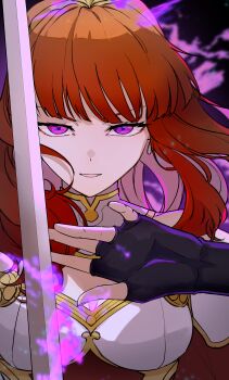 1girl absurdres armor aura black_gloves breastplate breasts cape celica_(fire_emblem) celica_(imprisoned_soul)_(fire_emblem) choker cleavage commission commissioner_upload corruption dark_aura dark_persona duma_(fire_emblem) earrings evil_smile fingerless_gloves fire_emblem fire_emblem_echoes:_shadows_of_valentia gloves highres holding holding_sword holding_weapon intelligent_systems jewelry long_hair looking_at_viewer medium_breasts motoiwork nintendo orange_hair possessed possession princess purple_eyes red_hair skeb_commission smile sword tiara weapon white_armor witch