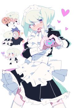 absurdres alternate_costume androgynous apron artist_name bad_source black_dress blue_hair cowboy_shot crossdressing crossdressing_(mtf) dress faceless flustered frilled_apron frilled_dress frills galo_thymos green_hair heart heart_hands highres holding holding_tray juliet_sleeves lio_fotia long_sleeves looking_at_viewer maid maid_apron maid_headdress male_maid open_mouth penporo promare puffy_long_sleeves puffy_sleeves purple_eyes short_hair sidelocks simple_background spoken_heart trap tray white_apron white_background