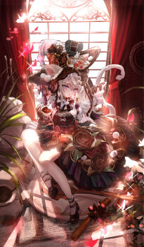 1girl animal_ears backlighting black_footwear blurry bokeh bow bowtie braid braided_hair_rings brown_bow brown_bowtie brown_flower brown_hair brown_hat brown_rose brown_theme bug butterfly candle candy carpet cat_ears cat_girl cat_tail chocolate chocolate_heart cup depth_of_field diffraction_spikes dress dress_flower ears_through_headwear fantasy flower food frilled_dress frills glowing_butterfly gothic_lolita hair_between_eyes hair_bow hair_rings hat hat_flower hat_ornament heart heart-shaped_food highres holding holding_cup hot_chocolate indoors insect komorihikki layered_dress leaf_hat_ornament light_particles light_smile lolita_fashion long_hair looking_to_the_side marshmallow multicolored_dress multicolored_hair multicolored_hat multiple_braids multiple_hair_bows original picture_frame plant platform_footwear platform_heels purple_eyes rabbit red_butterfly curtains rose scroll side_braids sidelocks spoon tail teacup two-tone_hair vase white_butterfly white_hair white_hat white_wings window window_shadow wings witch witch_hat wooden_spoon