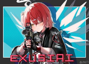 1girl ahoge aiming aiming_at_viewer arknights black_gloves black_jacket blush closed_mouth cross cross_earrings detached_wings earrings emperor_(arknights) energy_wings exusiai_(arknights) exusiai_the_new_covenant_(arknights) fingerless_gloves gloves gun halo highres holding holding_gun holding_weapon jacket jewelry long_sleeves looking_at_viewer one_eye_closed one_side_up open_clothes open_jacket red_hair shirt short_hair solo stuffed_toy traditional_halo weapon white_shirt wings yellow_eyes zhuti483486