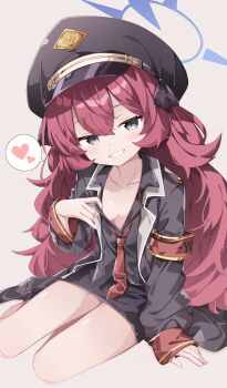 1girl absurdres armband black_eyes black_hat black_jacket black_shirt black_skirt blue_archive blue_halo breasts collared_shirt commentary_request grin halo hat heart highres iroha_(blue_archive) jacket long_hair looking_at_viewer miniskirt necktie paid_reward_available parted_lips partial_commentary peaked_cap pencil_skirt red_armband red_hair red_necktie sabana shirt sitting skirt sleeves_past_wrists small_breasts smile solo speech_bubble spoken_heart wavy_hair yokozuwari