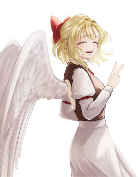 1girl :d absurdres angel_wings back_cutout blonde_hair bow brown_vest closed_mouth clothing_cutout gengetsu_(touhou) hair_bow happy highres open_mouth parted_lips red_bow shu_reise skirt smile teeth touhou touhou_(pc-98) upper_teeth_only v vest white_skirt white_wings wings