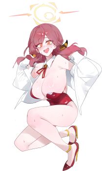 1girl absurdres alternate_breast_size_(larger) armpits aru_(blue_archive) bare_legs bare_shoulders blue_archive blush breasts demon_horns detached_collar dokshuri dress_shirt full_body halo high_heels highres horns huge_breasts leotard long_hair looking_at_viewer neck_ribbon nervous_smile nose_blush open_clothes open_shirt pink_hair playboy_bunny red_leotard red_ribbon red_shoes ribbon shirt shoes simple_background smile solo squatting strapless strapless_leotard sweat tears white_background white_shirt
