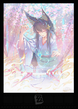 2girls animal_ear_fluff animal_ears black_border black_hair blue_kimono blue_sky border cherry_blossoms closed_eyes closed_mouth collarbone commentary commentary_request copyright_logo english_commentary fire flower_hairpin fox_ears fox_girl from_behind hair_between_eyes highres hoshimi_miyabi japanese_clothes kanmai_x_sou katana kimono light_smile logo long_hair mixed-language_commentary mother_and_daughter multiple_girls sick signature sky sword tree weapon zenless_zone_zero