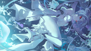 1girl absurdres armored_shoes bare_shoulders detached_sleeves frills goddess_of_victory:_nikke hairband highres jellyfish leotard liberalio_(nikke) looking_at_viewer pantyhose purple_hair red_eyes sb_lama shoes underwater white_hairband white_leotard white_pantyhose white_sleeves