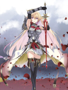 1girl armor black_boots black_gloves black_shirt black_sleeves blonde_hair boobplate boots breastplate breasts cloud cloudy_sky commentary_request detached_sleeves elbow_gloves falling_petals flatbox gauntlets gloves high-low_skirt highres holding holding_sword holding_weapon long_hair looking_at_viewer marie_malisse_(shadowverse:_worlds_beyond) medium_breasts pauldrons petals purple_eyes red_petals shadowverse shadowverse:_worlds_beyond shirt shoulder_armor single_gauntlet single_pauldron skirt sky sleeveless sleeveless_shirt solo sword thigh_boots weapon white_skirt