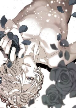 1boy aimoto_shou_(artist) black_flower black_rose commentary commentary_request eyelashes flower hair_over_one_eye hito_barahiko holding holding_flower kemono_jihen lying male_focus mole mole_under_eye on_back parted_lips pectorals petals purple_eyes rose short_hair solo topless_male upper_body