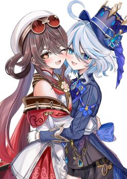 2girls bare_shoulders blue_eyes brown_hair commentary eyewear_on_head furina_(genshin_impact) genshin_impact gloves hat highres hu_tao_(cherries_snow-laden)_(genshin_impact) hu_tao_(genshin_impact) jacket mitsu336 multiple_girls red_eyes symbol-only_commentary top_hat white_hair