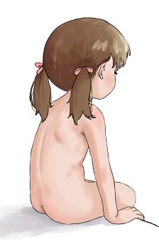1girl absurdres ass blush brown_hair completely_nude doujima_nanako facing_away from_behind highres loli long_hair nahari_(pfum4557) nude persona persona_4 pink_ribbon ribbon simple_background sitting solo thighs twintails white_background