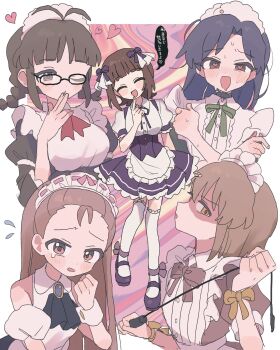 Rule 34 | 5girls, akizuki ritsuko, amami haruka, antenna hair, apron, blue hair, bow, bowtie, brown eyes, brown hair, closed eyes, dress, flying teardrops, hagiwara yukiho, hair bow, heart, heart-shaped pupils, highres, idolmaster, idolmaster (classic), kisaragi chihaya, long hair, maid, maid apron, maid headdress, minase iori, multiple girls, multiple hair bows, open mouth, pnt 0202, puffy short sleeves, puffy sleeves, short hair, short sleeves, smile, speech bubble, symbol-shaped pupils, translation request, waist apron, white apron
