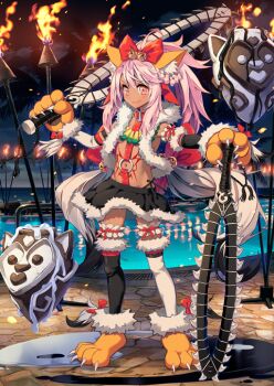 1girl animal_ear_fluff animal_ears animal_hands armband asymmetrical_sleeves bell belt_buckle belt_collar black_skirt black_sleeves black_socks bow buckle cat_ears cat_girl chloe_von_einzbern chloe_von_einzbern_(swimsuit_avenger)_(third_ascension) claws closed_mouth collar detached_sleeves dual_wielding embers fake_tail fate/grand_order fate_(series) feather_boa fire floating floating_object frilled_armband frilled_thigh_strap frills full_body fur-trimmed_gloves fur-trimmed_shoes fur-trimmed_skirt fur_trim game_cg gloves hair_bell hair_bow hair_ornament hands_up high_ponytail hiroyama_hiroshi holding holding_sword holding_weapon jewelry jingle_bell legs_apart long_hair long_sidelocks long_sleeves looking_at_viewer lowleg lowleg_skirt miniskirt mismatched_sleeves mismatched_socks multiple_tails navel necklace night o-ring official_art orange_gloves orange_shoes outdoors outstretched_arms over-kneehighs over_shoulder panty_straps paw_gloves paw_shoes pink_hair planted planted_sword planted_weapon ponytail pool poolside red_bow red_collar red_tattoo revealing_clothes shoes sidelocks skirt smile socks solo standing stomach stomach_tattoo sword tail tail_bow tail_ornament tattoo thigh_strap thighhighs third-party_source torch two_tails v-shaped_eyebrows variant_set weapon weapon_over_shoulder white_sleeves white_socks yin_yang